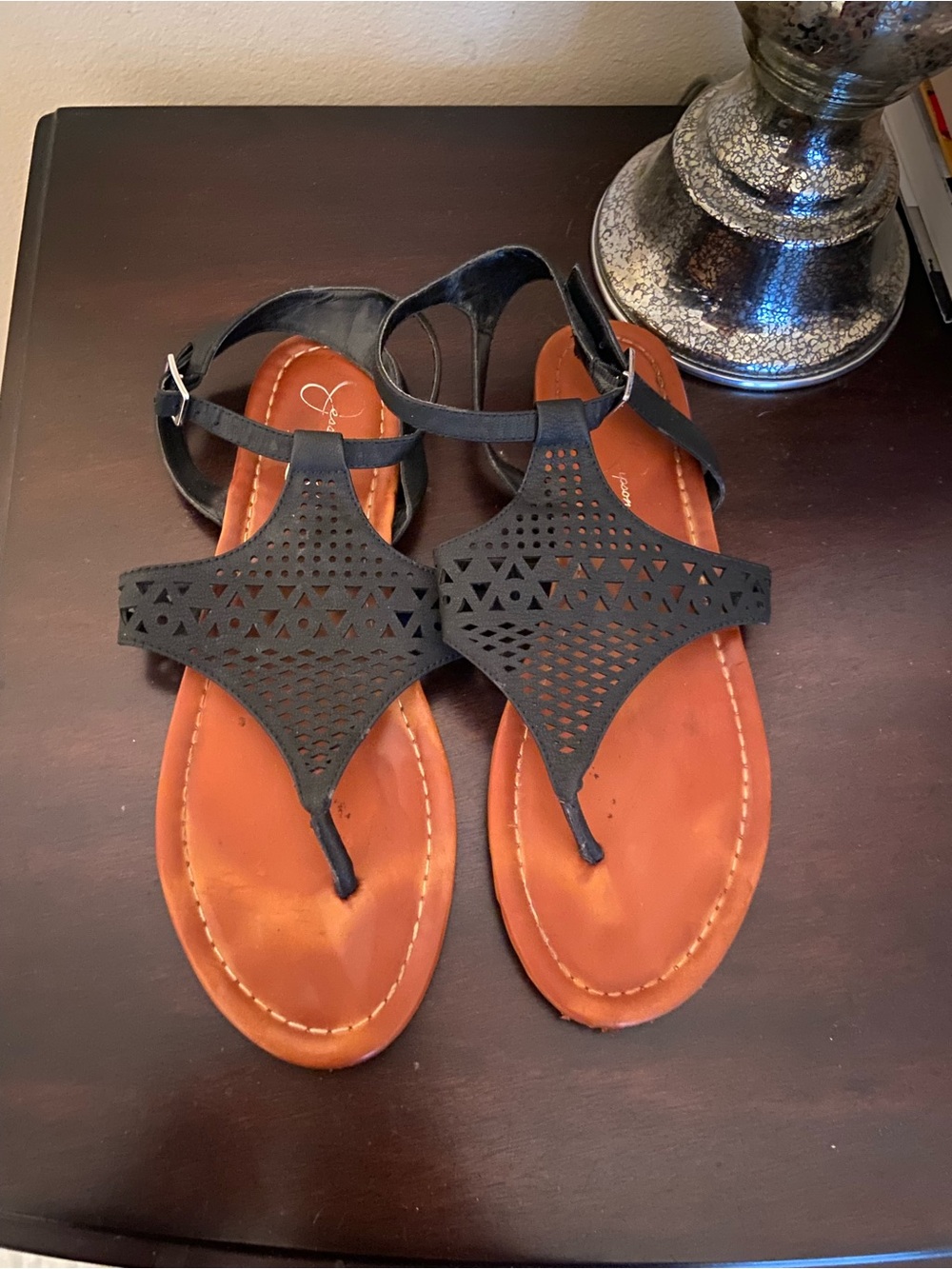 Jessica Simpson Black Laser-Cut T-Strap Sandals with Tan Footbed